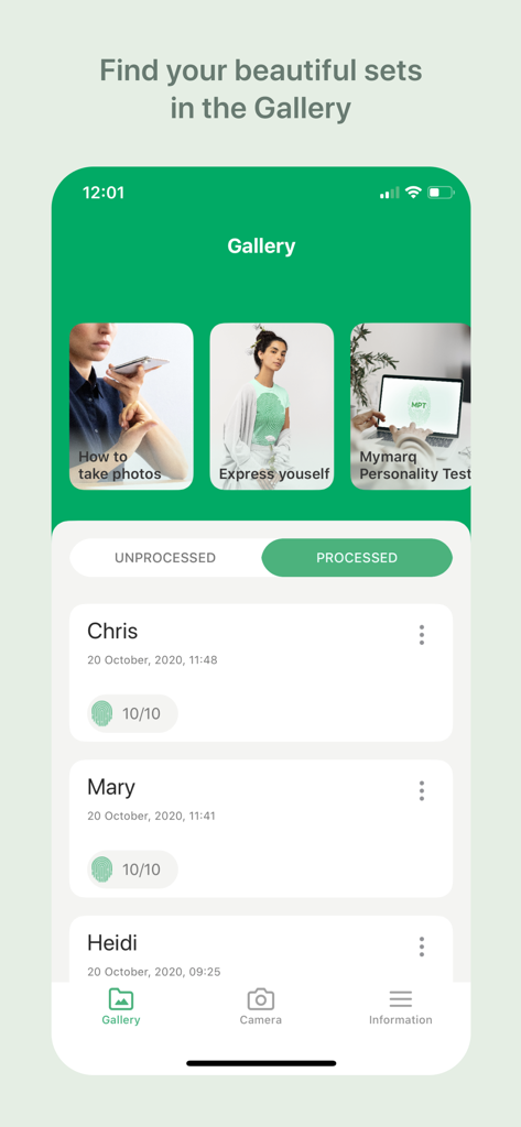 MyMarq - The MyMarq app gallery interface showing a list of saved fingerprint sets for multiple users.