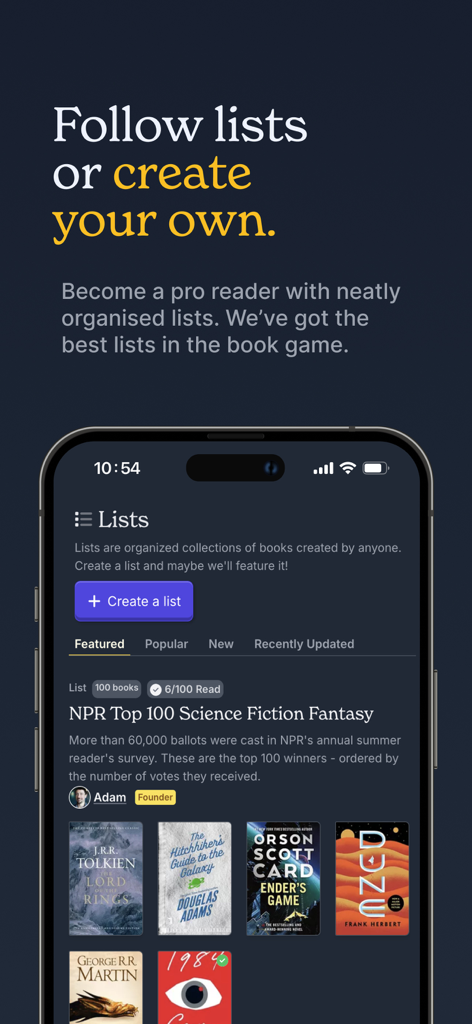 Hardcover.app - Interfaz de la aplicación Hardcover para seguir y crear listas de libros curadas con títulos de ciencia ficción y fantasía.