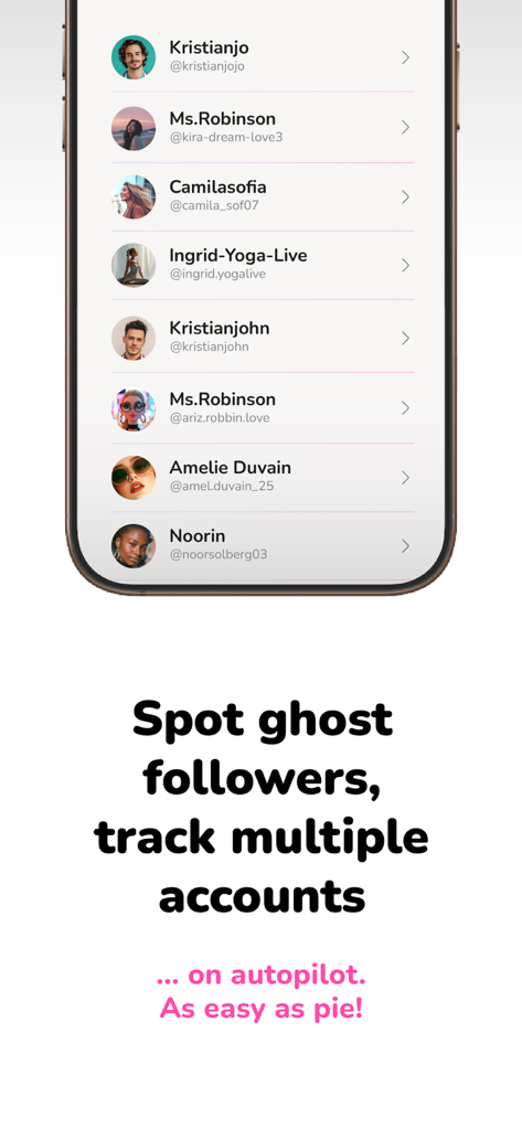 FlagUp: Follow & Likes Tracker - Tela do celular mostrando uma lista de perfis de mídia social rastreados no aplicativo FlagUp com texto sobre a detecção automática de seguidores fantasmas