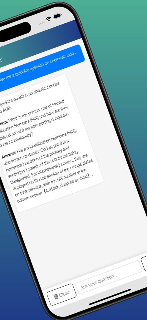 A smartphone displaying the AI Tutor feature in the ADR Revision app with a detailed explanation of chemical hazard identification numbers.