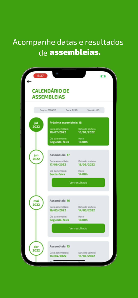 Consórcio do Sicredi - Mobile app interface showing the assembly calendar for Sicredi consortium members