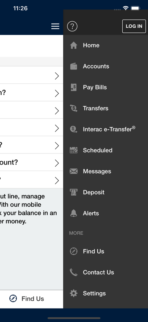 WFCU Banking - Menú de navegación lateral de la aplicación móvil WFCU Banking que muestra las funciones de la cuenta y las opciones de inicio de sesión