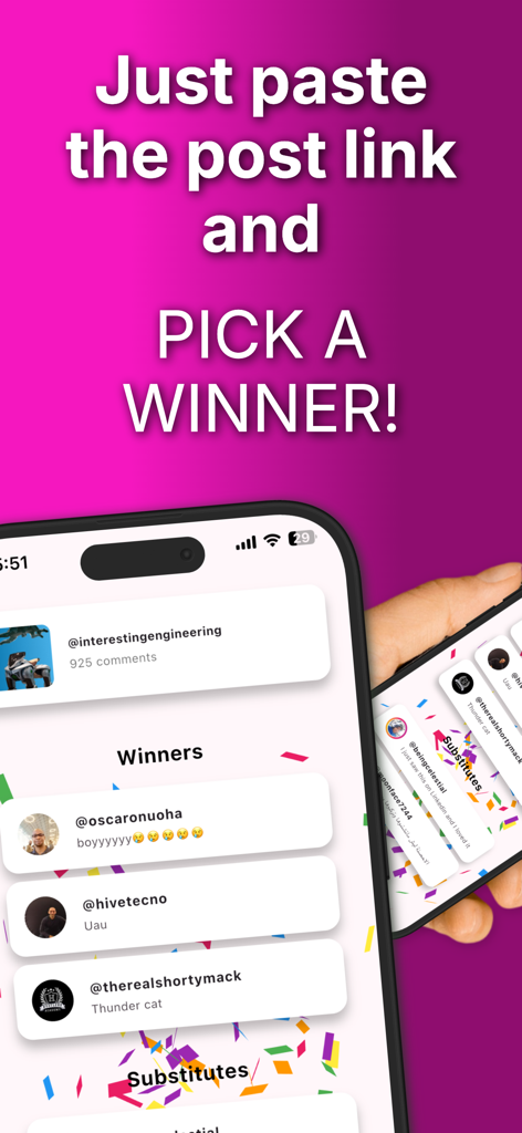 Interface móvel do AppSorteos mostrando uma lista de vencedores de sorteio e contas substitutas de comentários de mídia social
