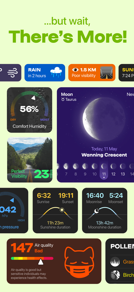 A collection of cute and aesthetic weather widgets showing moon phase, air quality, humidity, and sunrise times.