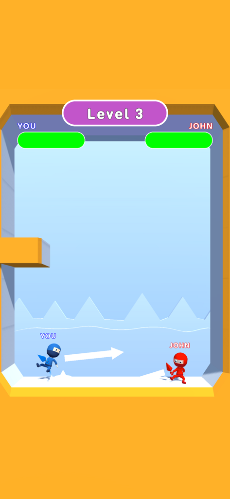 A blue ninja aims at a red ninja in a level with health bars and icy obstacles