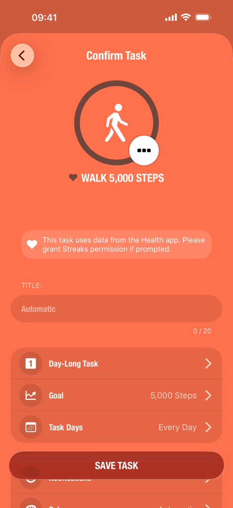 Der Bildschirm zur Bestätigung der Aufgabe für ein tägliches 5000-Schritte-Gehziel in der Streaks App