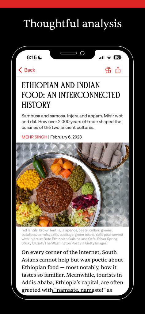 The Juggernaut - The Juggernaut app screen featuring a cultural article about Ethiopian and Indian food history