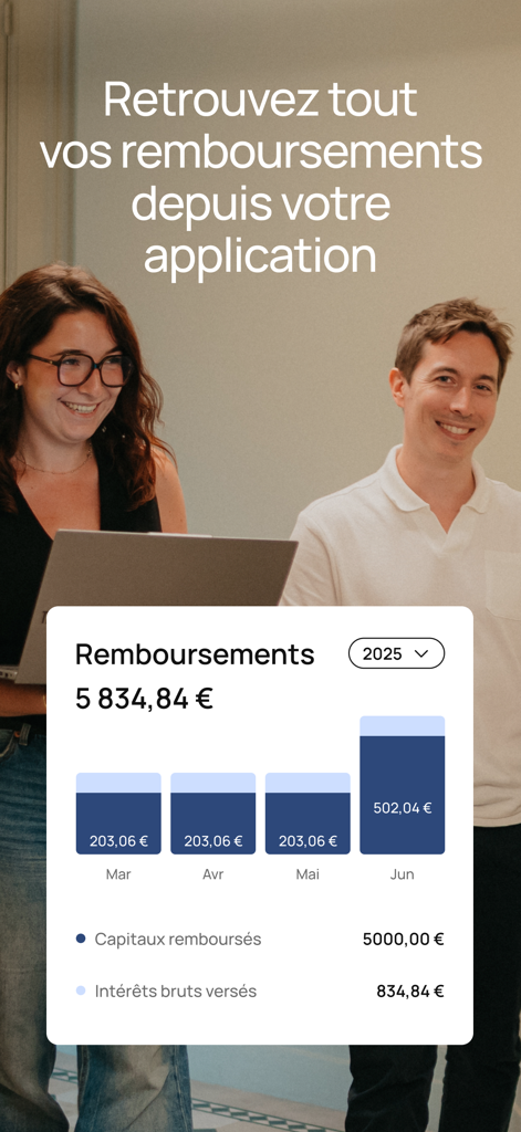 La Première Brique - La Premiere Brique mobile app interface displaying real estate investment repayment tracking and bar charts.