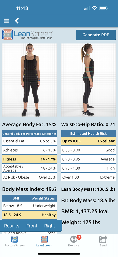 LeanScreen body composition report showing body fat percentage and health metrics