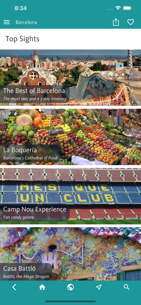 Barcelona Art & Culture - A mobile screen showing top sights in Barcelona including Park Guell and La Boqueria market