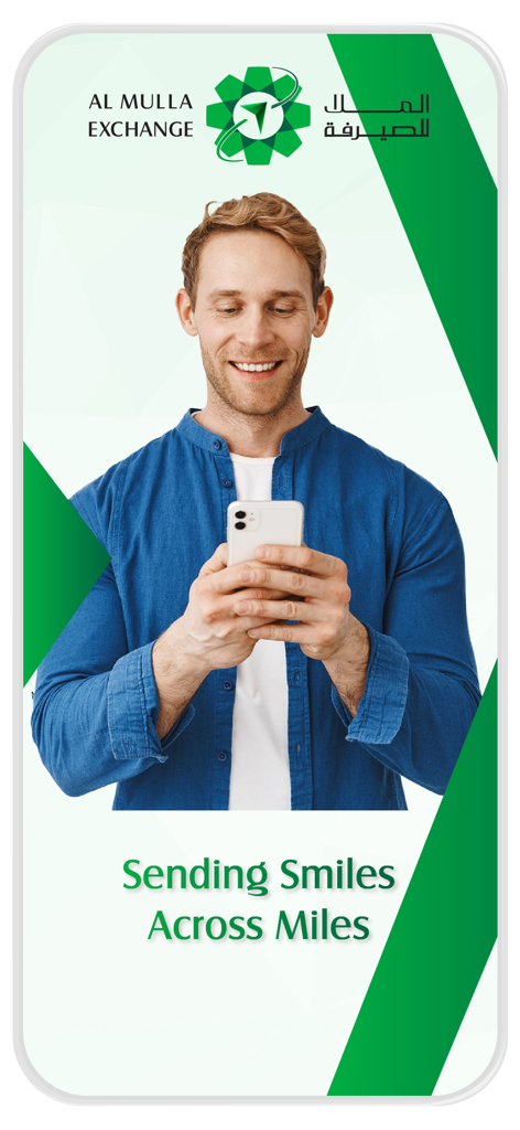 Al Mulla Exchange - Schermata promozionale dell'app Al Mulla Exchange con un uomo che sorride mentre usa il suo smartphone