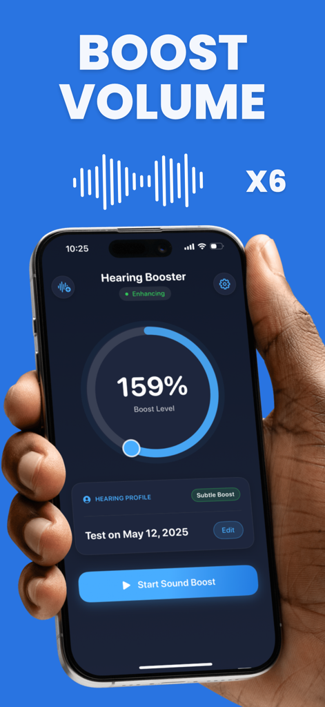 Tela do iPhone mostrando a interface do aplicativo Hearing Aid Pro com um nível de aumento de volume definido para 159 por cento