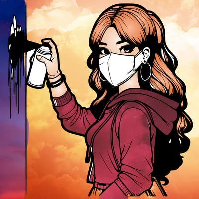 realistic girl with mask spray painting a wall