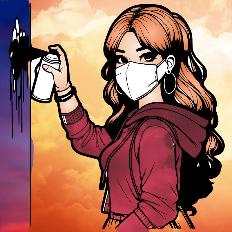 realistic girl with mask spray painting a wall