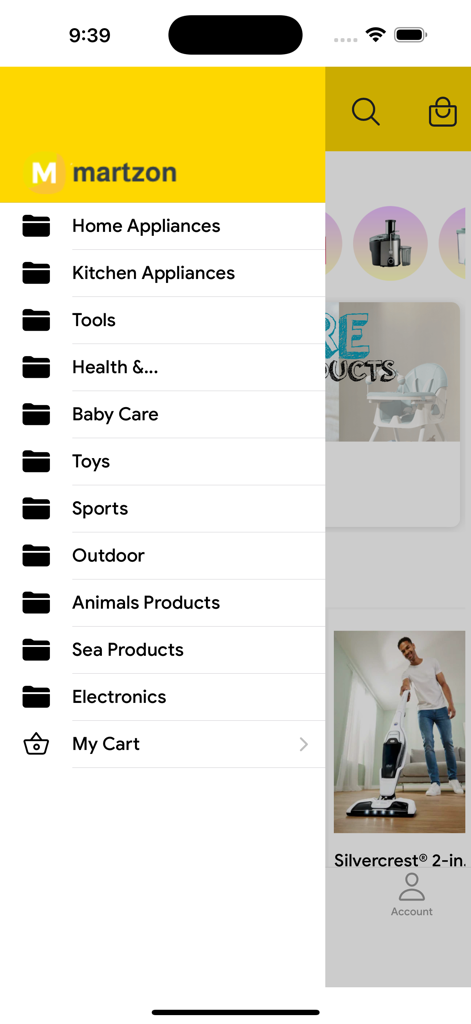 Martzon - Side navigation menu of the Martzon app showing shopping categories like home appliances kitchen tools and electronics