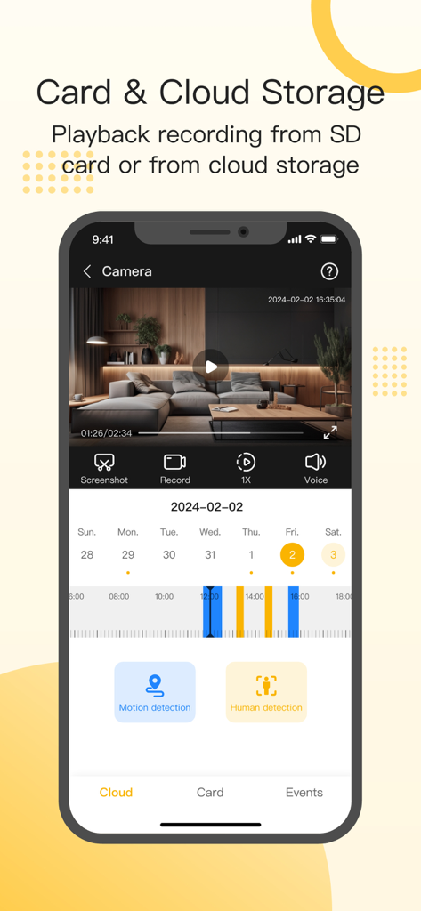 Qsee - Smart Home - Interface of the Qsee Smart Home app showing security camera video playback with cloud and SD card storage options