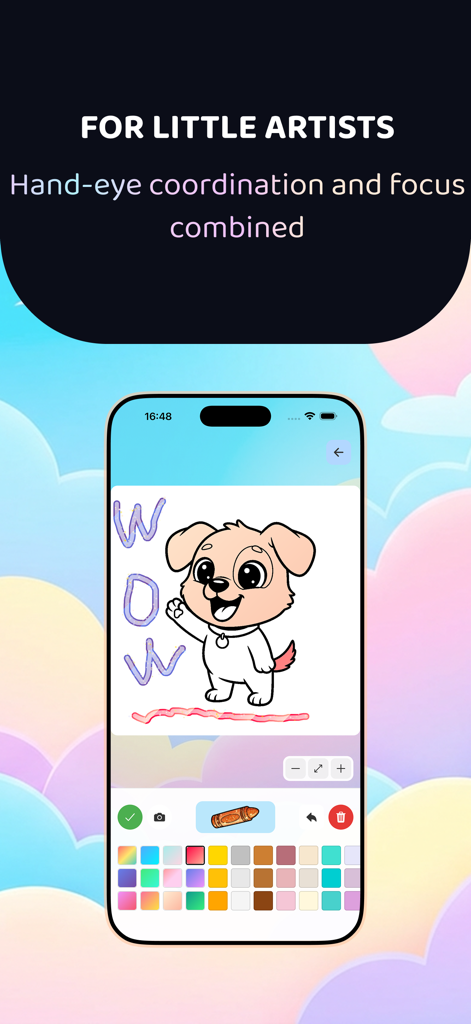 Colorbook: Kids Coloring Book - A smartphone displaying a coloring app for kids with a drawing of a dog and a colorful palette.