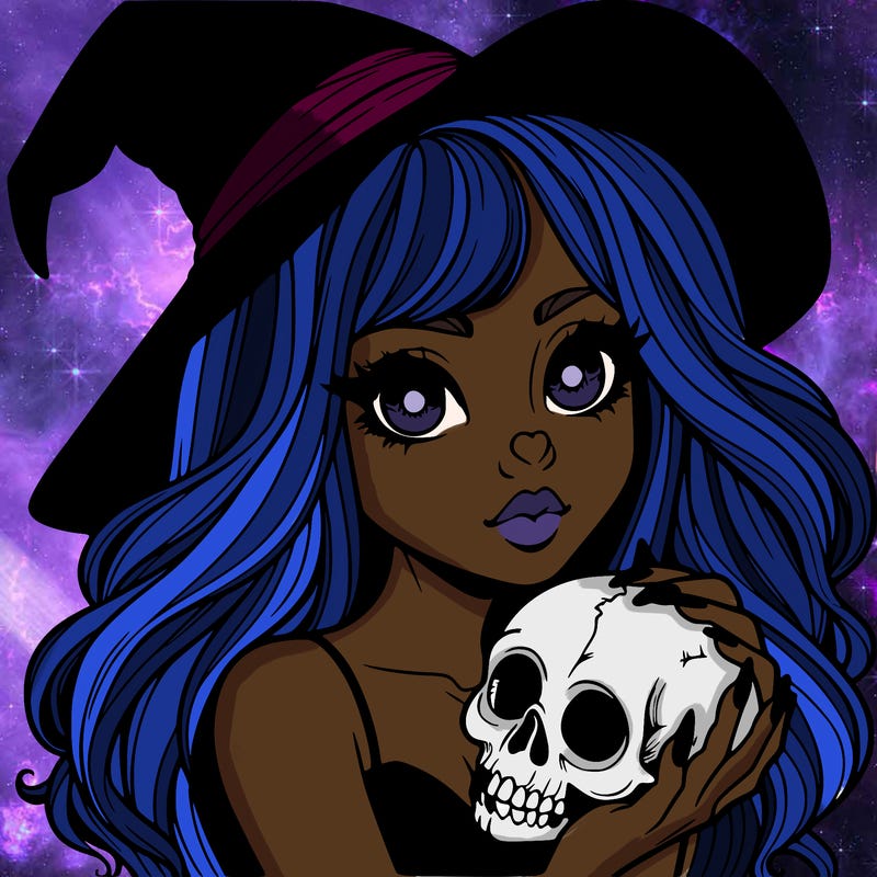 realistic witch girl holding skull