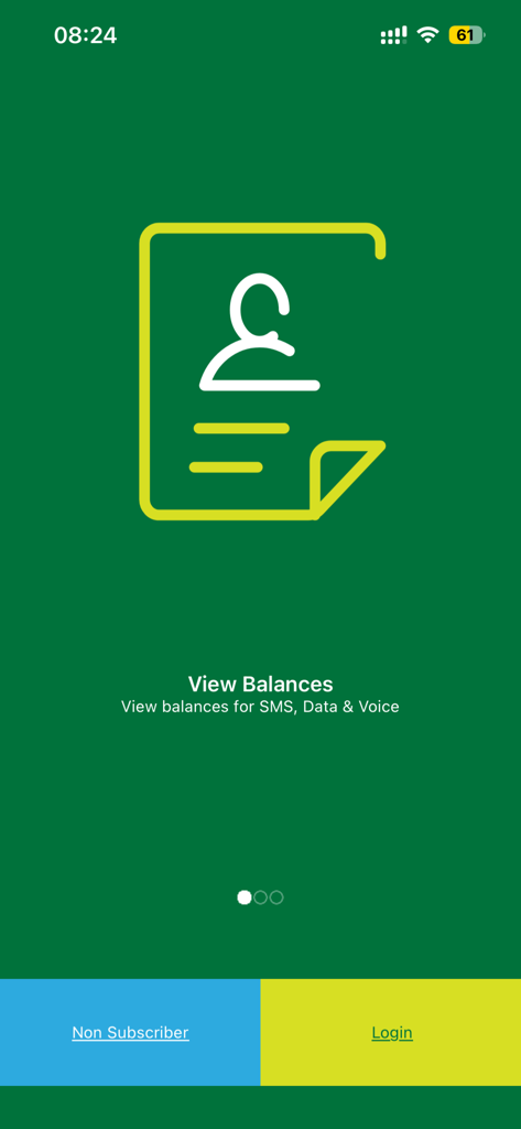 Onboarding screen of the BTC Mobile App for viewing SMS Data and Voice balances
