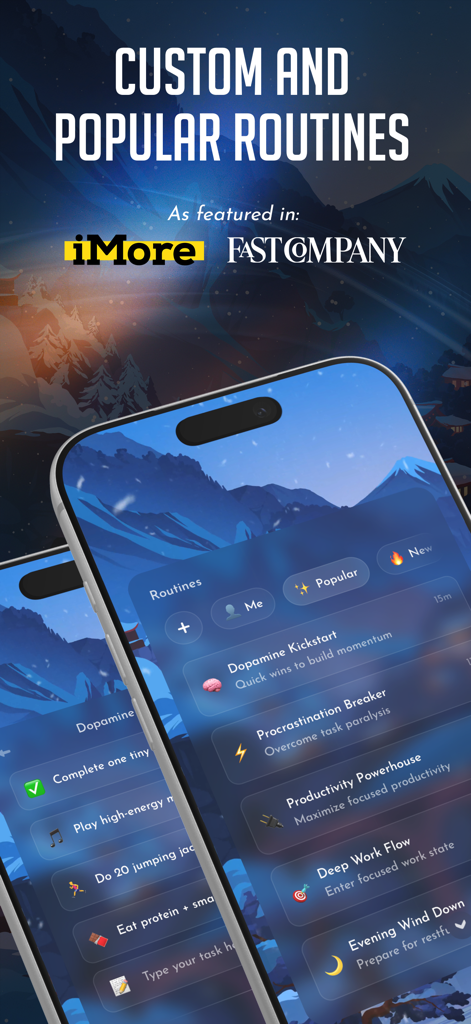 Bento Focus - Focus Timer - Bento Focus app screen showing custom and popular productivity routines like Dopamine Kickstart and Procrastination Breaker against an aesthetic mountain background.