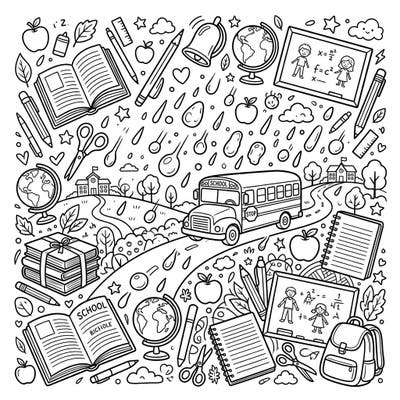 Prepare for a unique academic adventure with this detailed coloring page blending back-to-school excitement with a playful hail shower. Explore a world where school buses, books, and apples meet whimsical falling ice, offering endless creative possibilities.
