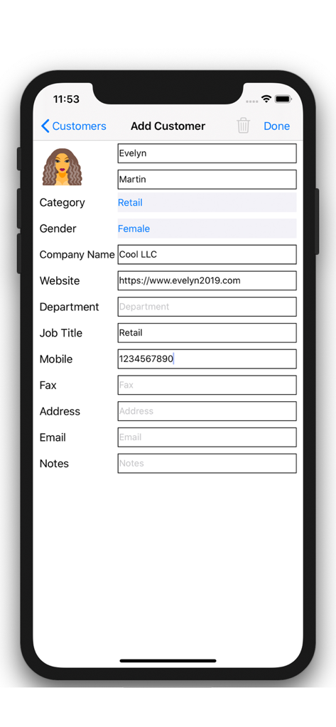 Customer Management - Contacts - Écran d'iPhone montrant l'interface d'ajout de client avec des champs pour le nom du contact, la catégorie d'entreprise et les détails de l'entreprise