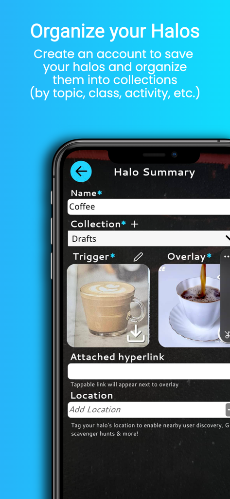 Interfaz de la aplicación Halo AR que muestra la pantalla Resumen de Halo para organizar experiencias de realidad aumentada en colecciones con opciones de nombre y disparador
