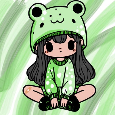 a girl wearing a frog hat and some frog socks
