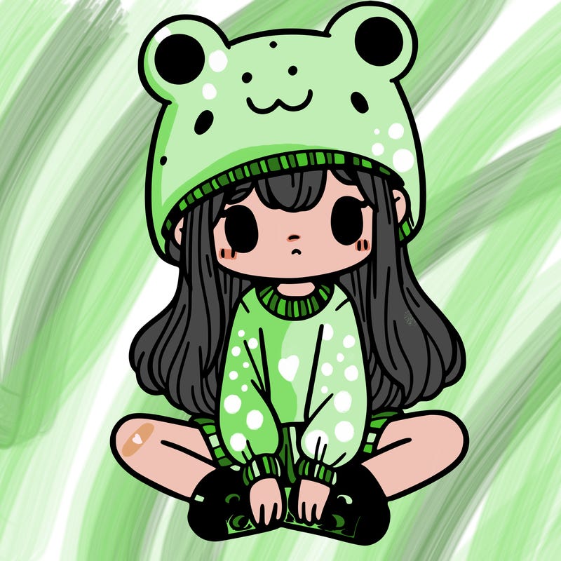 a girl wearing a frog hat and some frog socks