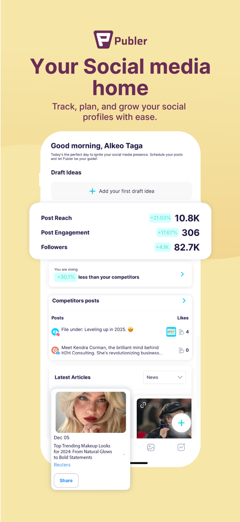 Publer: Social Media Tools - Publer app dashboard showing social media analytics for reach engagement and followers