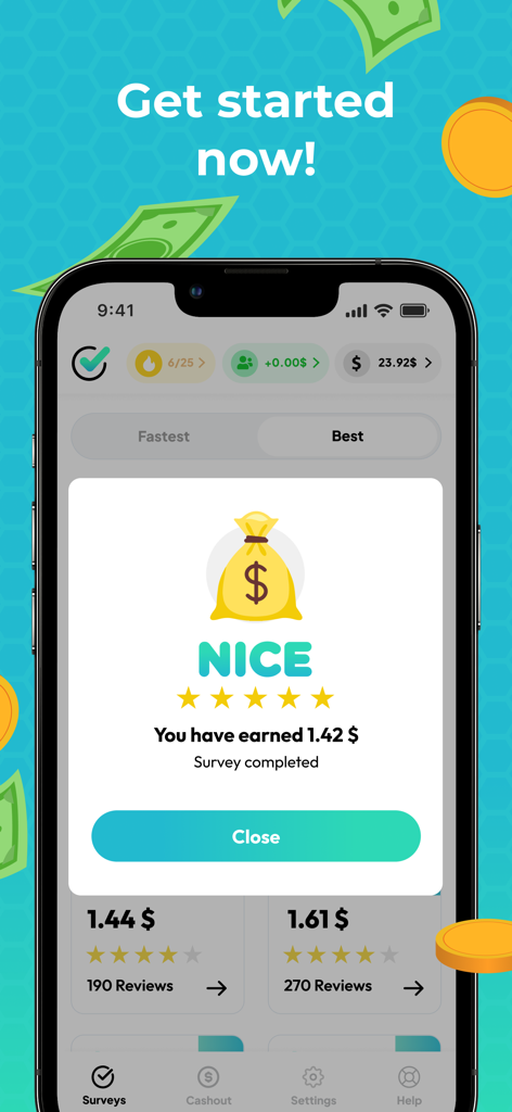 NiceSurveys: Earn Smarter - NiceSurveys app interface showing a completed survey notification with a cash reward of 1.42 dollars