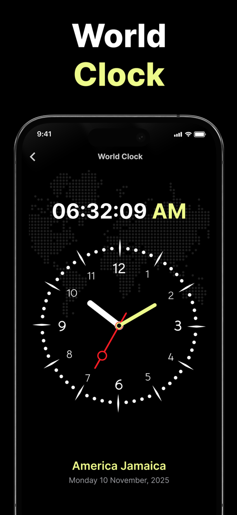 Interface de la fonctionnalité d'horloge mondiale dans l'application Street View montrant l'heure numérique et analogique pour la Jamaïque