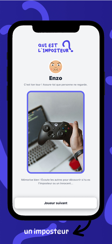 Qui est l’imposteur ? - Écran de jeu de l'application Qui est l imposteur montrant un joueur nommé Enzo regardant une photo secrète d'une manette de jeu