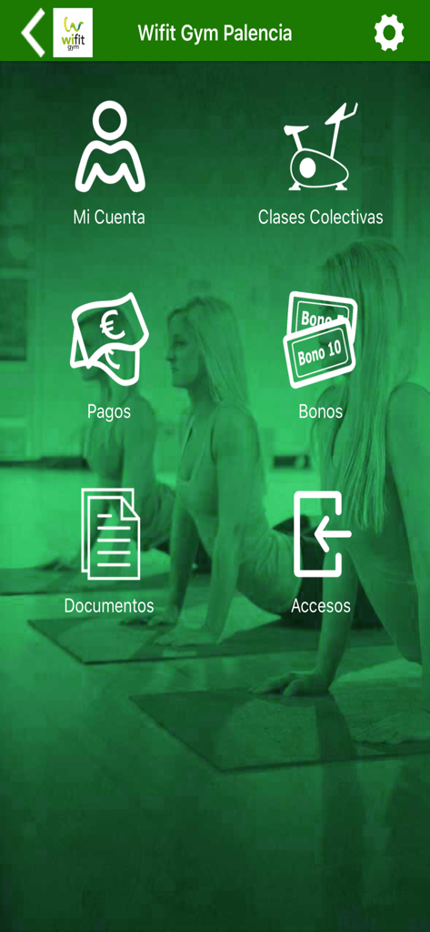 Wifit Gym - Main menu of the Wifit Gym app showing options for account management, group classes, payments, and vouchers over a green exercise-themed background