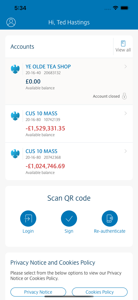 Barclays Corporate - Oberfläche der Barclays Corporate App, die Kontostände und QR-Code-Authentifizierungsoptionen anzeigt