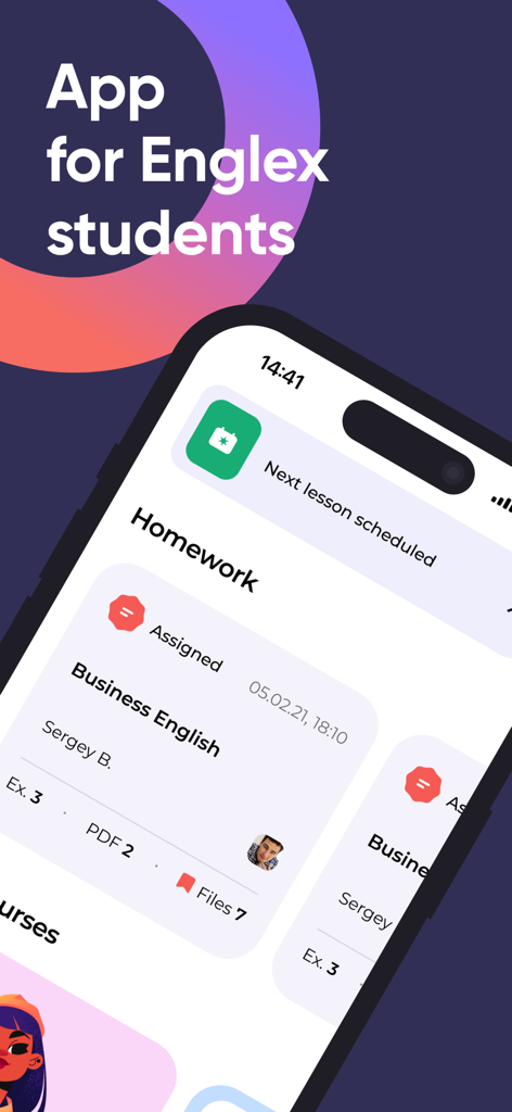 Englex: English Online - Englex mobile app dashboard showing Business English homework assignments and scheduled lessons for students.