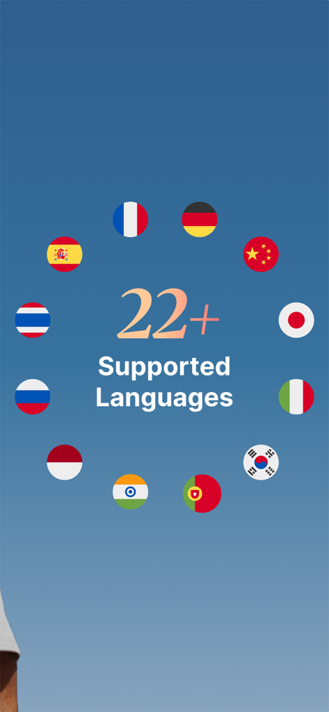 Schermata dell'app Mad Fluent che mostra oltre 22 lingue supportate con varie bandiere di paesi
