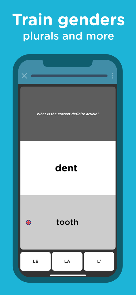 A French grammar quiz in the Seedlang app for practicing noun genders and articles