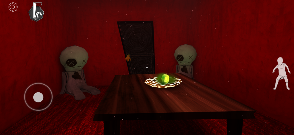 Nightmare Gate: Horror Game - Creepy red room with stitched dolls and a glowing apple in the horror game Nightmare Gate
