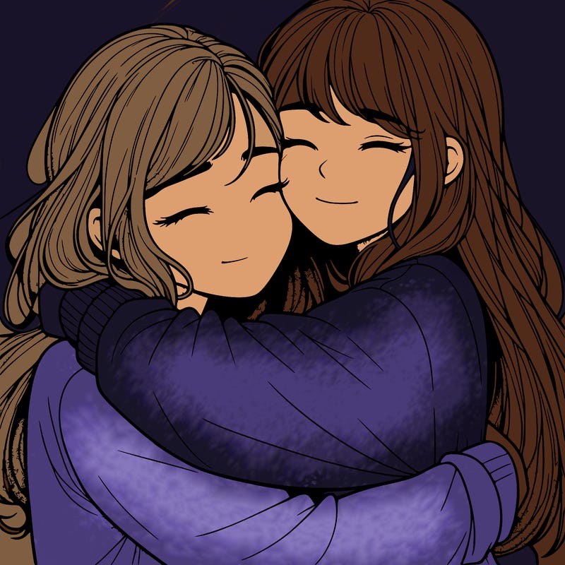 realistic two girls hugging