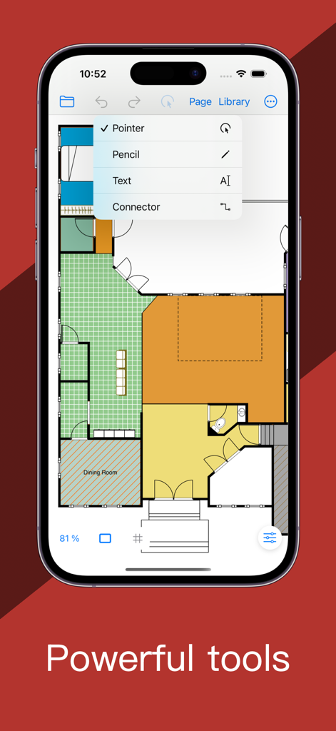 Flowchart Designer 5 - Interfaz móvil de Flowchart Designer 5 que muestra herramientas de edición de planos de planta en un iPhone