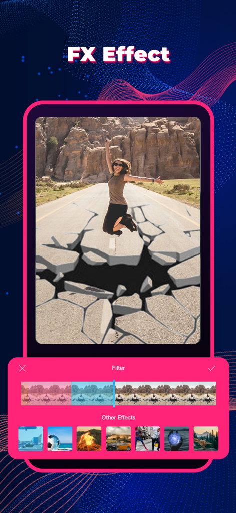 Interface of Vlog Star Maker app showing a woman jumping over a road crack visual effect with editing filters