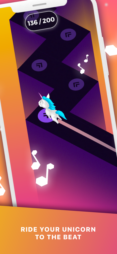 A unicorn jumping on a neon zigzag path in the Tap Tap Beats music game
