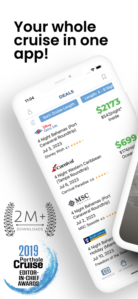 Shipmate: Plan & Track Cruises - Shipmate app screenshot showing cruise deals for Disney, Carnival, and MSC cruise lines with a 2 million downloads badge.
