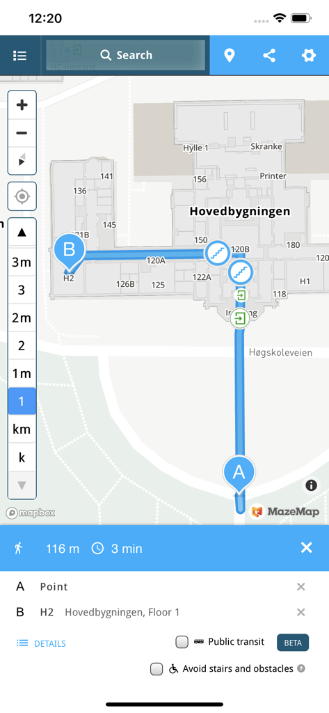 MazeMap - MazeMap app screenshot showing an indoor navigation path from an entrance to a specific room inside a building