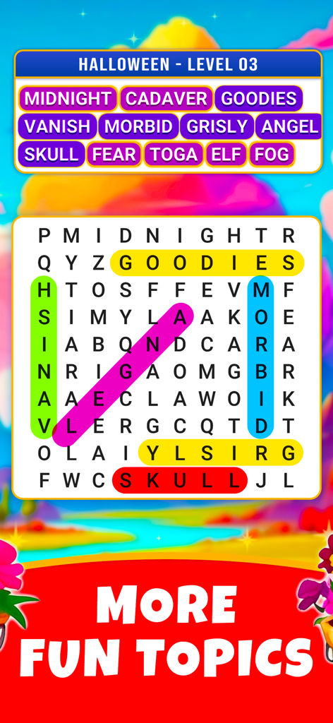 Word Search: Find Hidden Word - A colorful screenshot of a Halloween themed level in a word search mobile app showing found words like midnight and skull in a grid