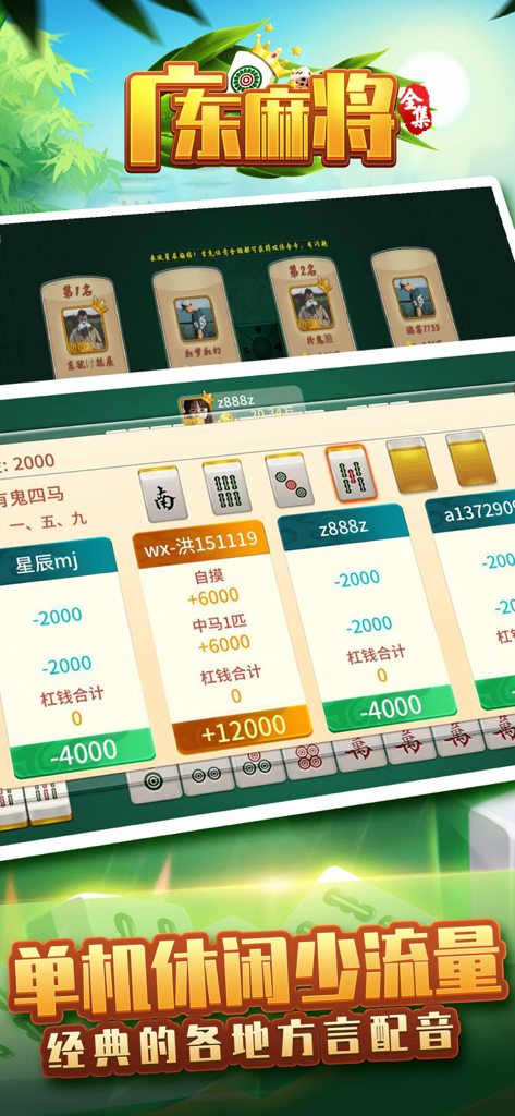 Interfaz de puntuación y tabla de clasificación del juego móvil independiente de Mahjong de Guangdong.