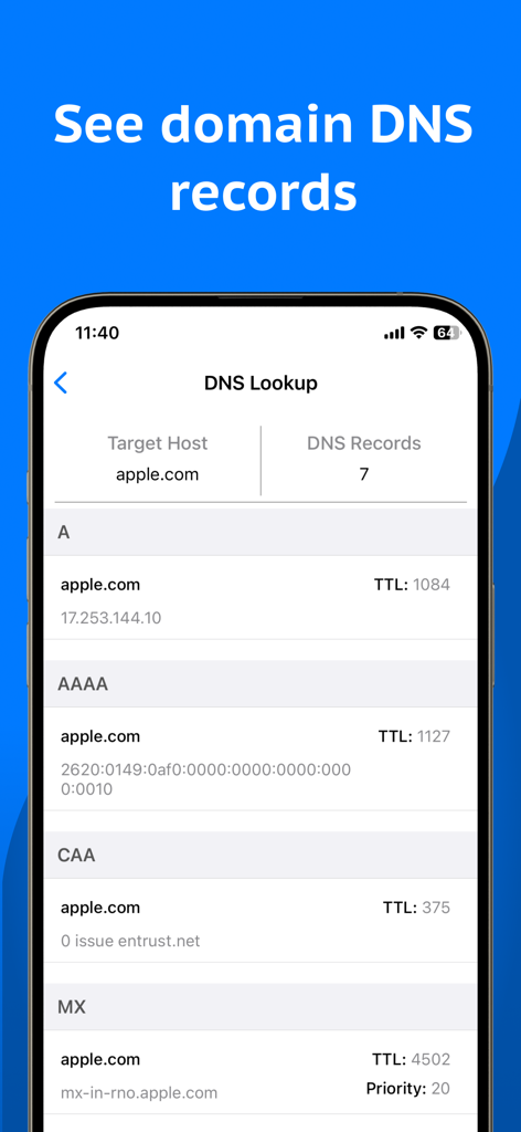Pantalla de smartphone que muestra registros DNS para apple.com utilizando la aplicación Network Analyzer.