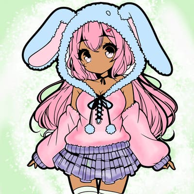 pretty anime girl wearing a fluffy hoodie with bunny ears on the hood and a skirt