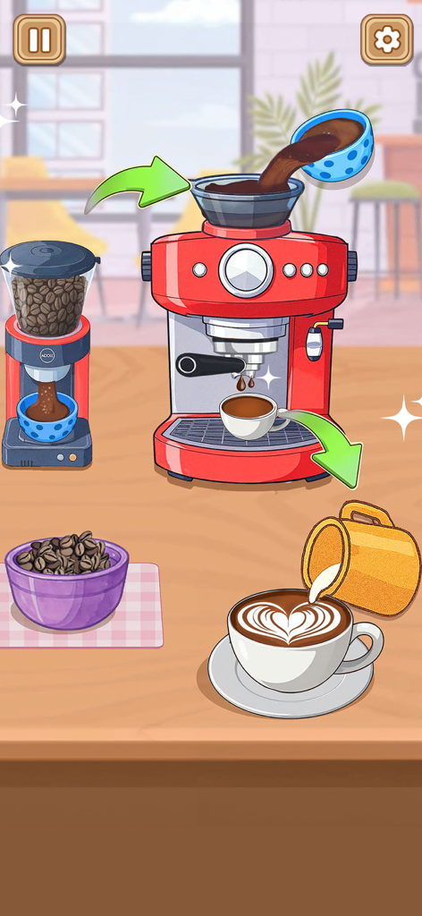 Crazy Kitchen Set Cooking ASMR - Una colorida escena de cocina de un juego de cocina que muestra una máquina de espresso roja y una taza de café con arte latte en forma de corazón